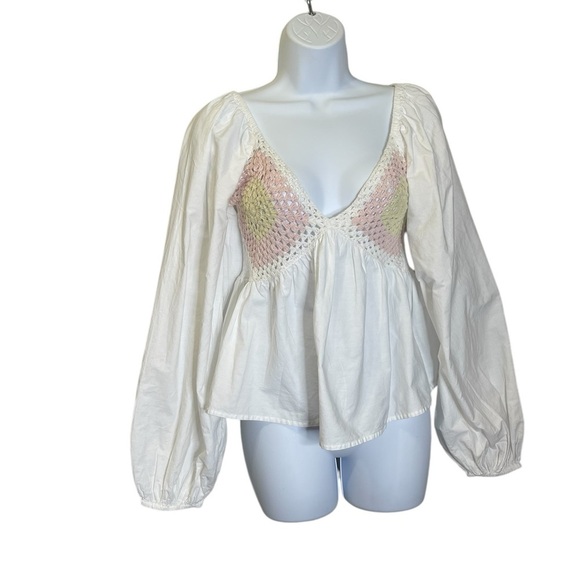 Asos White Crochet Inset Balloon Sleeve Cotton Milkmaid Blouse sz 4 New - Picture 3 of 9